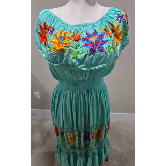 Mexican Boho Maxi Dress With Floral Embroidery & Lace Details Turquoise Color El - Picture 6 of 10